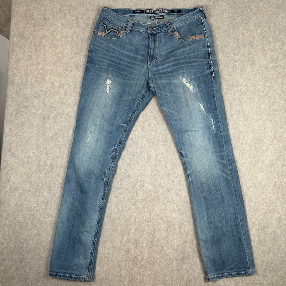 Affliction Grant Jeans Mens 36 Blue Distressed Buckle Exclusive Straight Denim